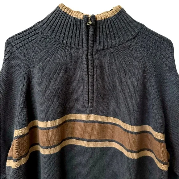Columbia Mens Size XL Steel Blue & Tan Wide Stripe 1/4 Zip Mock Sweater EUC - Picture 2 of 7